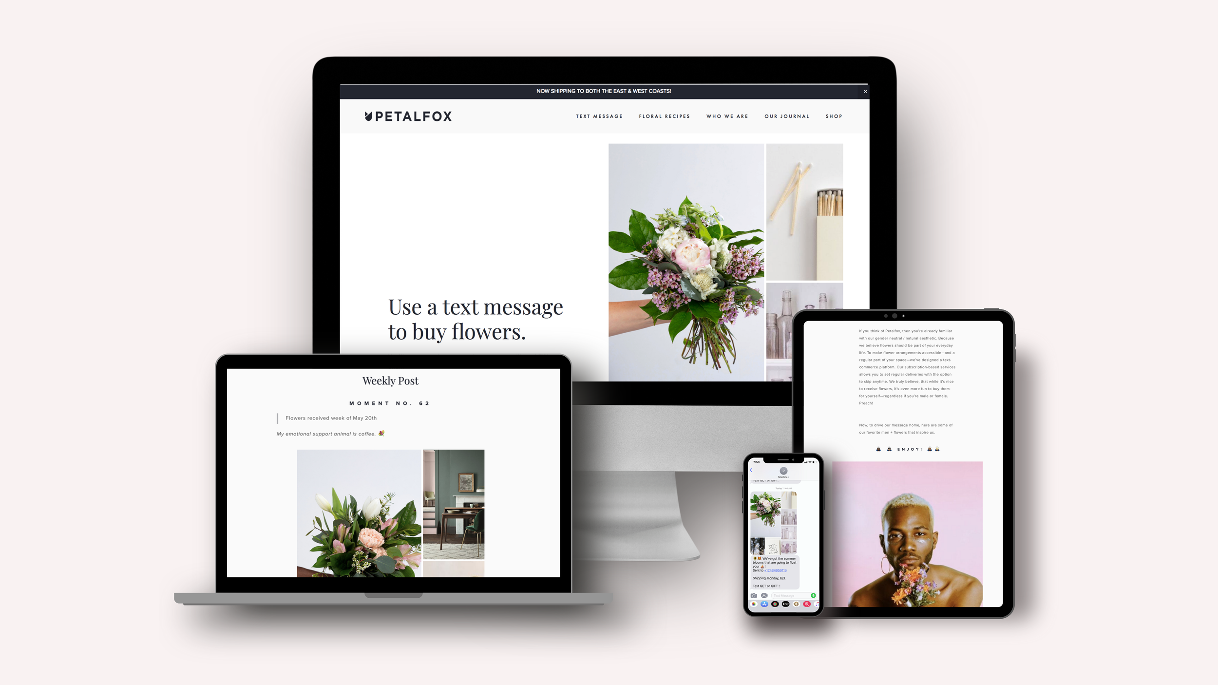 Petalfox site and app shown across desktop, laptop, tablet and phone with the line Use a text message to buy flowers